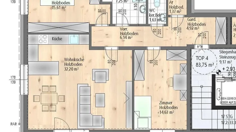 Grundriss einer Wohnung mit offener Wohnküche, drei Zimmern, Bad, WC und Balkon.