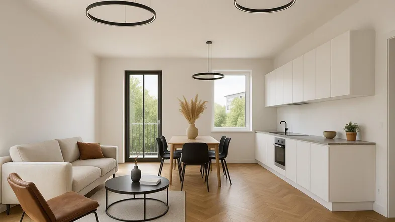 Helles, offenes Wohn-Esszimmer mit moderner Einbauküche, Parkettboden und Zugang zum Balkon.