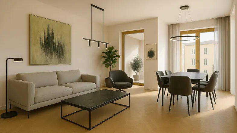 Modern eingerichteter Wohn- und Essbereich mit Parkettboden und Zugang zum Balkon.