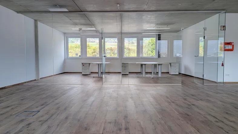 Geräumiges Büro mit Holzboden, Glaswänden und Blick ins Grüne, ideal für moderne Arbeitsumgebungen.