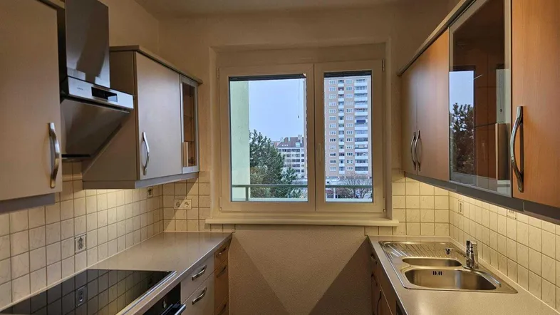 Moderne Küche mit Induktionskochfeld, Backofen, Spüle und Blick auf die Stadt.