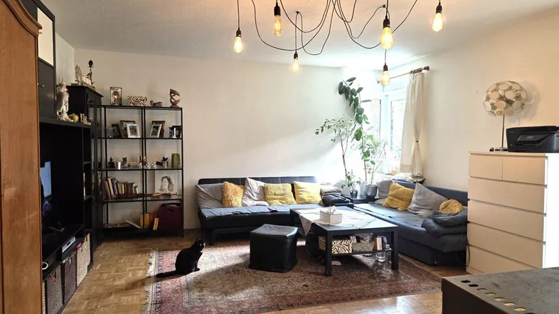 Gemütliches Wohnzimmer mit Parkettboden, bequemer Sofalandschaft und dekorativen Regalen.