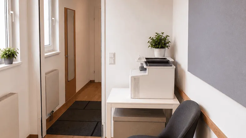 Heller Flur mit Wartebereich, zwei Stühlen und Blick in einen weiteren Gang, ausgestattet mit Holzoptikboden.