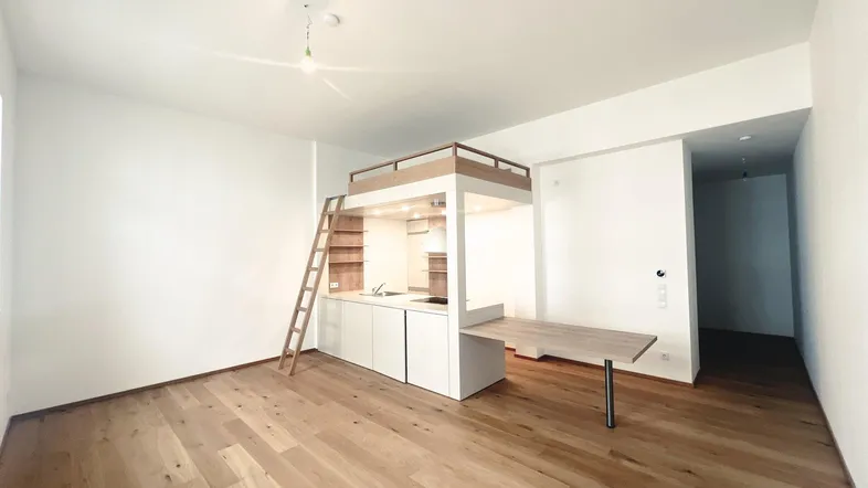 Helles Studio-Apartment mit integrierter Küchenzeile, Essbereich und Hochbett über eine Leiter erreichbar.