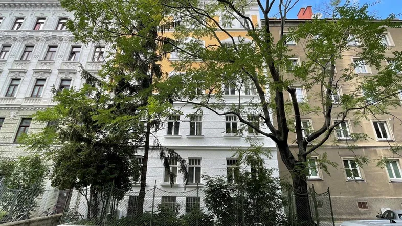 Fassade eines Altbaus mit vielen Fenstern und Bäumen davor, umgeben von weiteren Gebäuden.