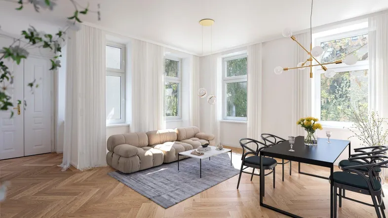 Helles Wohn- und Esszimmer mit modernem Sofa, schwarzem Esstisch und Fischgrätparkettboden.
