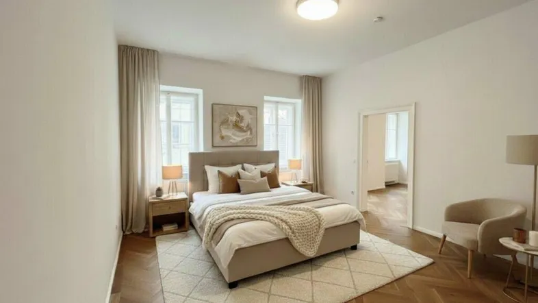 Ein helles Schlafzimmer mit modernem Bett, Nachttischen und Fischgrätparkettboden, einladend eingerichtet.