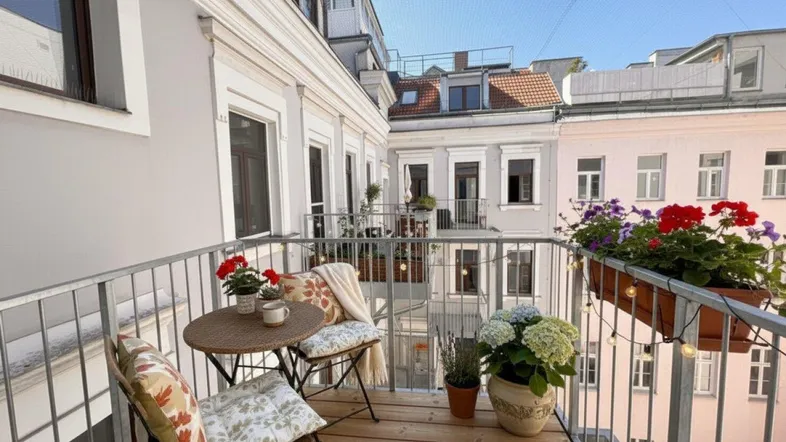 Gemütlicher Balkon mit Holzboden, Sitzgelegenheiten und Blick auf den Innenhof.
