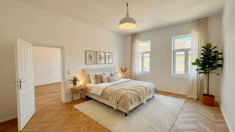 Gemütliches Schlafzimmer mit hellem Fischgrätparkett, großem Bett und viel Tageslicht.