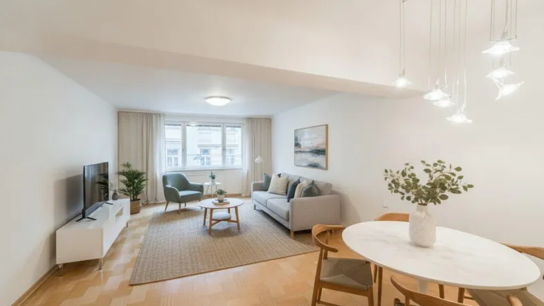 Helles Wohn- und Esszimmer mit Fischgrätparkett, moderner Einrichtung und stilvoller Beleuchtung.