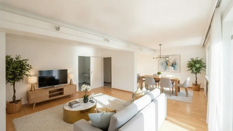 Helles Wohn- und Esszimmer mit modernem Mobiliar, Parkettboden und viel Tageslicht.