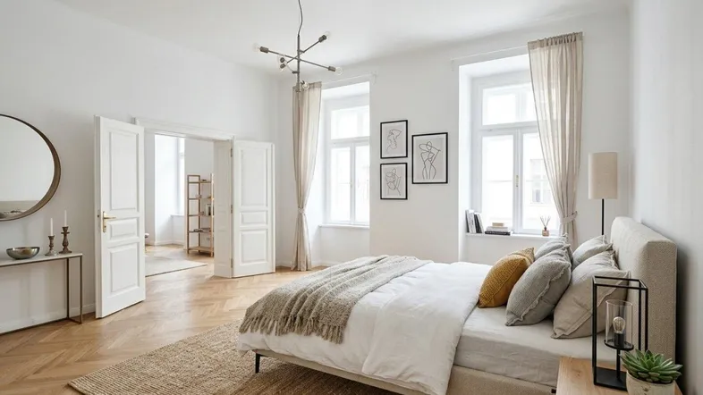 Helles Schlafzimmer mit Fischgrätparkett, großen Fenstern und modernem Doppelbett, das viel Licht hereinlässt.