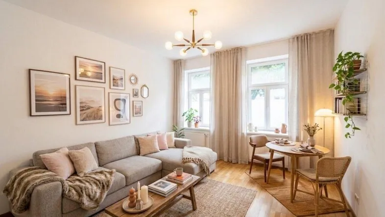 Helles Wohnzimmer mit Ecksofa, Couchtisch und kleinem Essbereich am Fenster.
