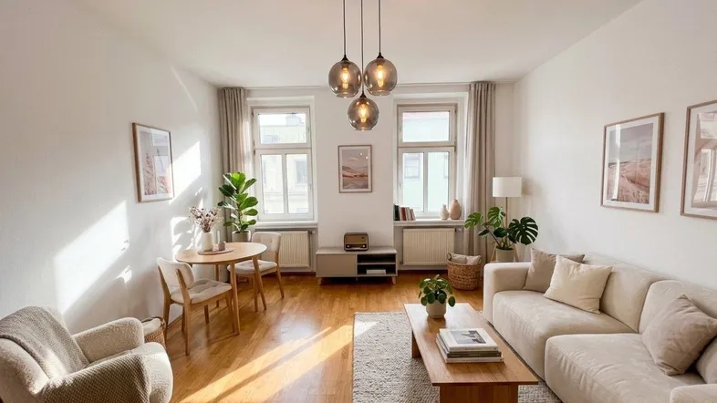 Helles Wohnzimmer mit Parkettboden, modernen Möbeln und viel Tageslicht durch große Fenster.