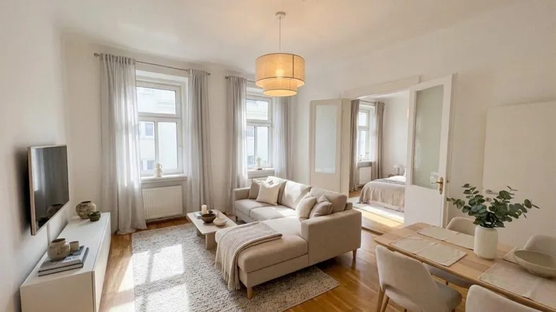 Helles Wohn-Esszimmer mit Parkettboden, beigem Sofa und Zugang zu einem weiteren Raum.
