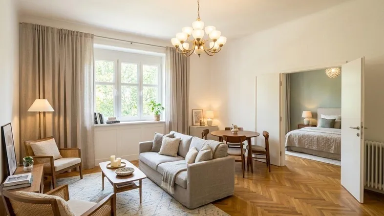 Helles Wohn- und Esszimmer mit Fischgrätparkett, Stuckdecke und Blick ins angrenzende Schlafzimmer.