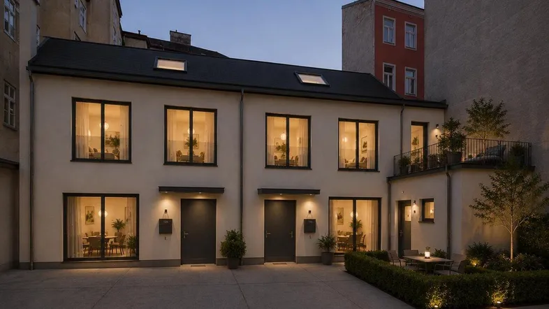 Modernes Gebäude mit beleuchteten Fenstern und einem gepflegten Innenhof bei Dämmerung.
