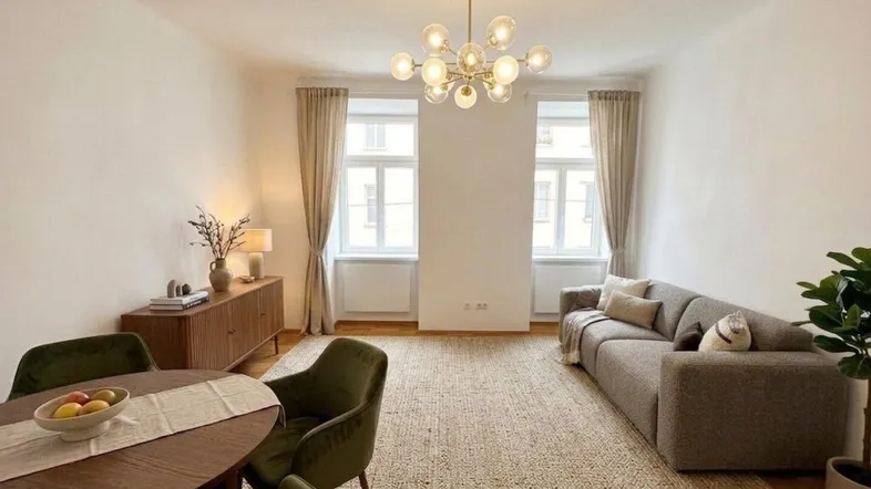 Heller Wohn- und Essbereich mit Holzboden, modernem Kronleuchter und großen Fenstern.