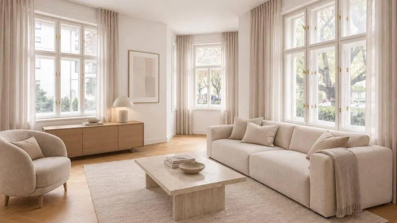 Helles Wohnzimmer mit großen Fenstern, beigem Sofa und modernem Interieur.