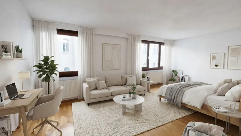 Helles, modern eingerichtetes Zimmer mit Schlaf-, Wohn- und Arbeitsbereich sowie Parkettboden.