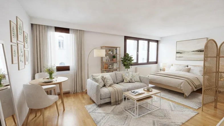 Helles und modern eingerichtetes Studio-Apartment mit Schlaf- und Wohnbereich sowie kleinem Essplatz.