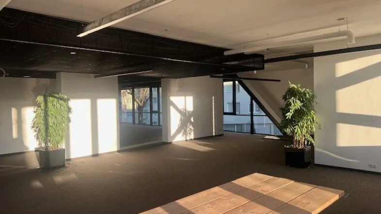 Geräumiger, heller Büroraum mit Teppichboden und großen Fenstern, die viel Tageslicht hereinlassen.