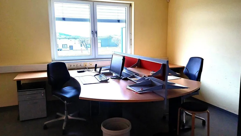 Geräumiges Büro mit großem Schreibtisch, Bürostühlen und Blick ins Grüne durch das Fenster.