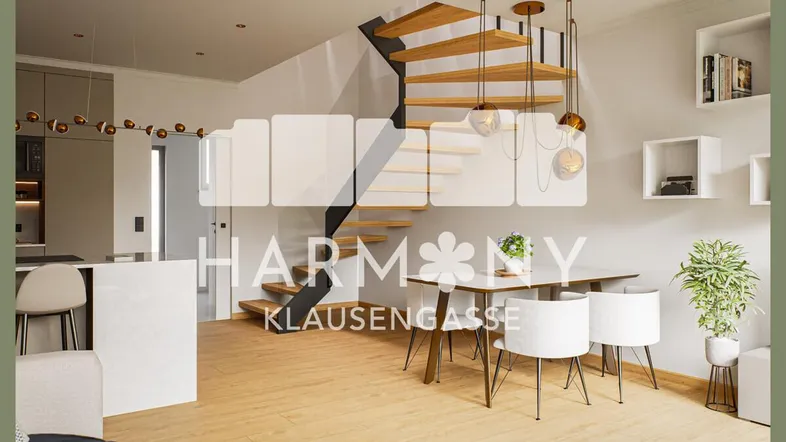Moderner offener Wohn- und Essbereich mit eleganter Holztreppe und integrierter Küche.