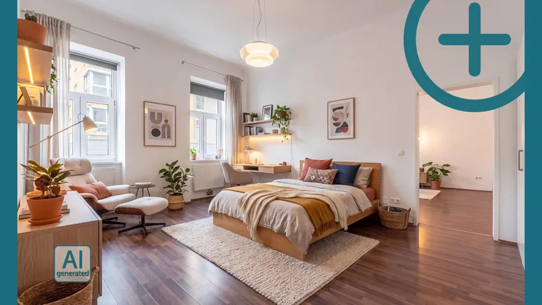 Helles Schlafzimmer mit Holzboden, modernem Bett und Arbeitsbereich, ideal für komfortables Wohnen.