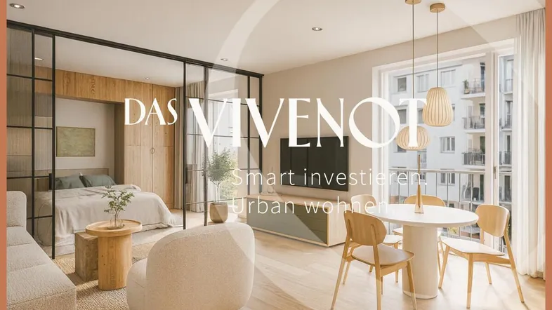 Modernes Studio-Apartment mit offenem Wohnbereich, Essplatz und Schlafbereich, getrennt durch Glaswände.