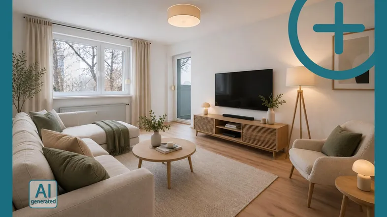 Helles Wohnzimmer mit modernem Sofa, Holzboden und Zugang zu einem kleinen Balkon.