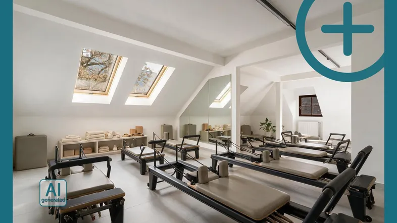 Modernes Pilates-Studio mit mehreren Reformern, Dachfenstern und heller Atmosphäre für Trainingseinheiten.