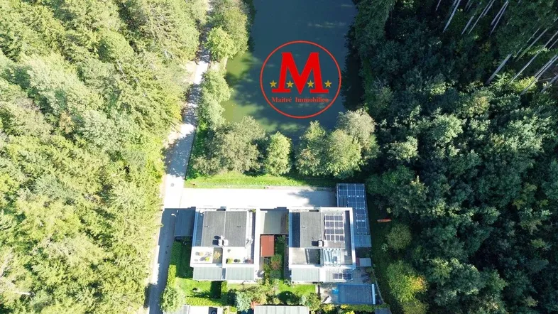 Luftaufnahme von modernen Gebäuden am Waldrand mit angrenzendem See und Solaranlagen.