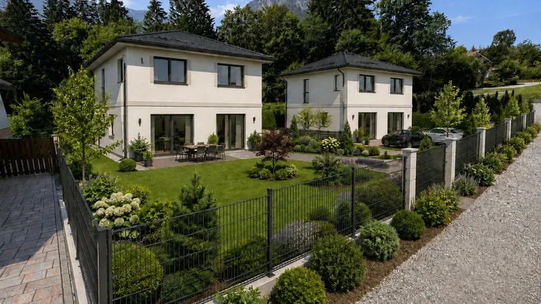 Zwei moderne Einfamilienhäuser mit gepflegtem Garten, Terrasse und Bergblick unter blauem Himmel.