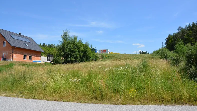 Blick auf ein im Bau befindliches Haus mit Ziegelwänden und ein weitläufiges grünes Grundstück unter blauem Himmel.