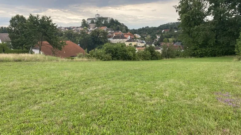 Weitläufige grüne Wiese mit Blick auf die historische Stadt Weitra und ihre Burg unter bewölktem Himmel.