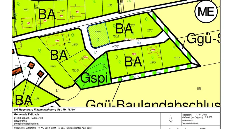 Flächenwidmungsplan der Gemeinde Fallbach mit Parzellen und Baulandkennzeichnung in ländlicher Umgebung.