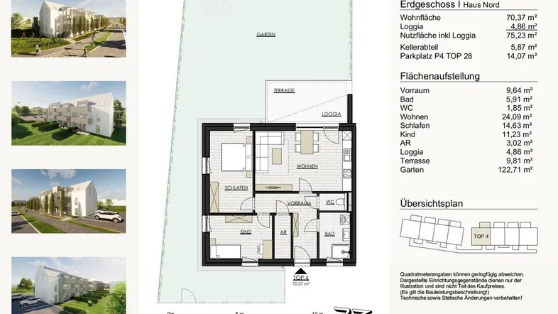 Grundriss des Erdgeschosses mit Garten, Terrasse und Loggia, ergänzt durch kleine Gebäudevisualisierungen.