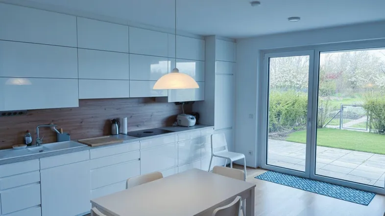 Moderne Küche mit weißen Hochglanzfronten, Holzakzenten und direktem Zugang zur Terrasse und Garten.