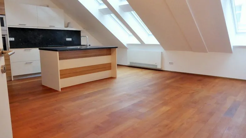 Heller offener Wohnbereich mit integrierter Küche, Holzboden und Dachfenstern.