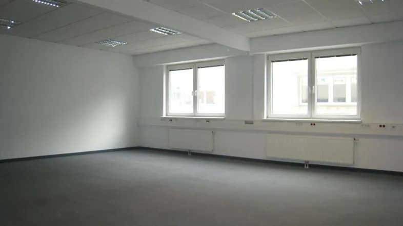Geräumiges Büro mit Teppichboden, großen Fenstern und abgehängter Decke, bereit zur individuellen Gestaltung.