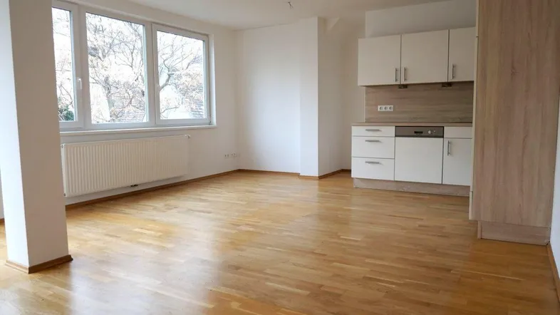 Heller Wohn-Essbereich mit integrierter Küchenzeile, Parkettboden und großen Fenstern.