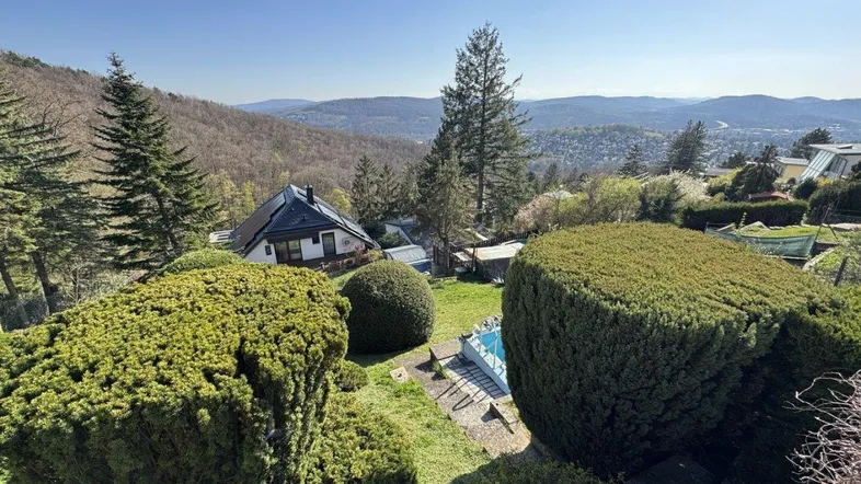 Gepflegter Gartenbereich mit Pool und weitem Blick über die hügelige Landschaft.