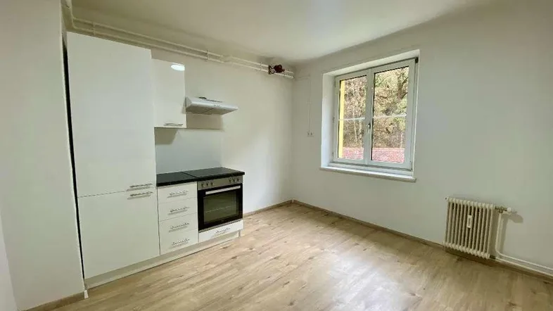 Heller Raum mit integrierter Küchenzeile, Fenster und Laminatboden.