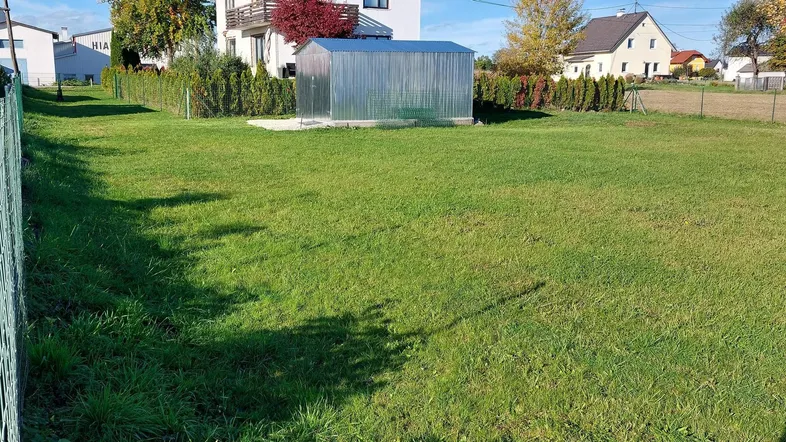 Gepflegte Rasenfläche mit einem Metallschuppen und Hecken im Hintergrund, umgeben von Wohnhäusern.