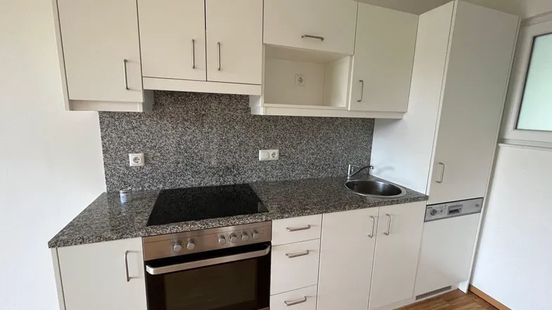 Moderne Einbauküche mit weißen Schränken, Granitarbeitsplatte und integrierten Geräten.