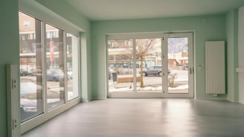 Heller, leerer Raum mit großen Fenstern und Glastür, ideal für Büro oder Ladenfläche.