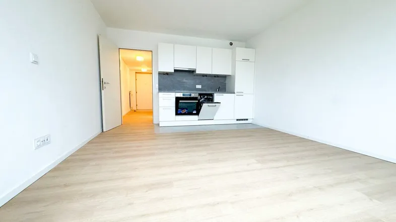 Helles Wohnzimmer mit integrierter Küchenzeile, Laminatboden und Zugang zum Flur.