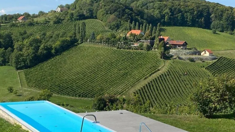 Langer Pool mit Blick auf die umliegenden Weinberge und grüne Hügellandschaft unter blauem Himmel.