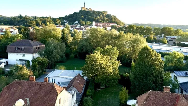 Panoramablick von einem Balkon über eine grüne Landschaft mit einer Burg auf einem Hügel.